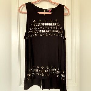 Vince Camuto Tunic Black Sleeveless Gold Top Studs Hi Lo Slit Stretchy XL